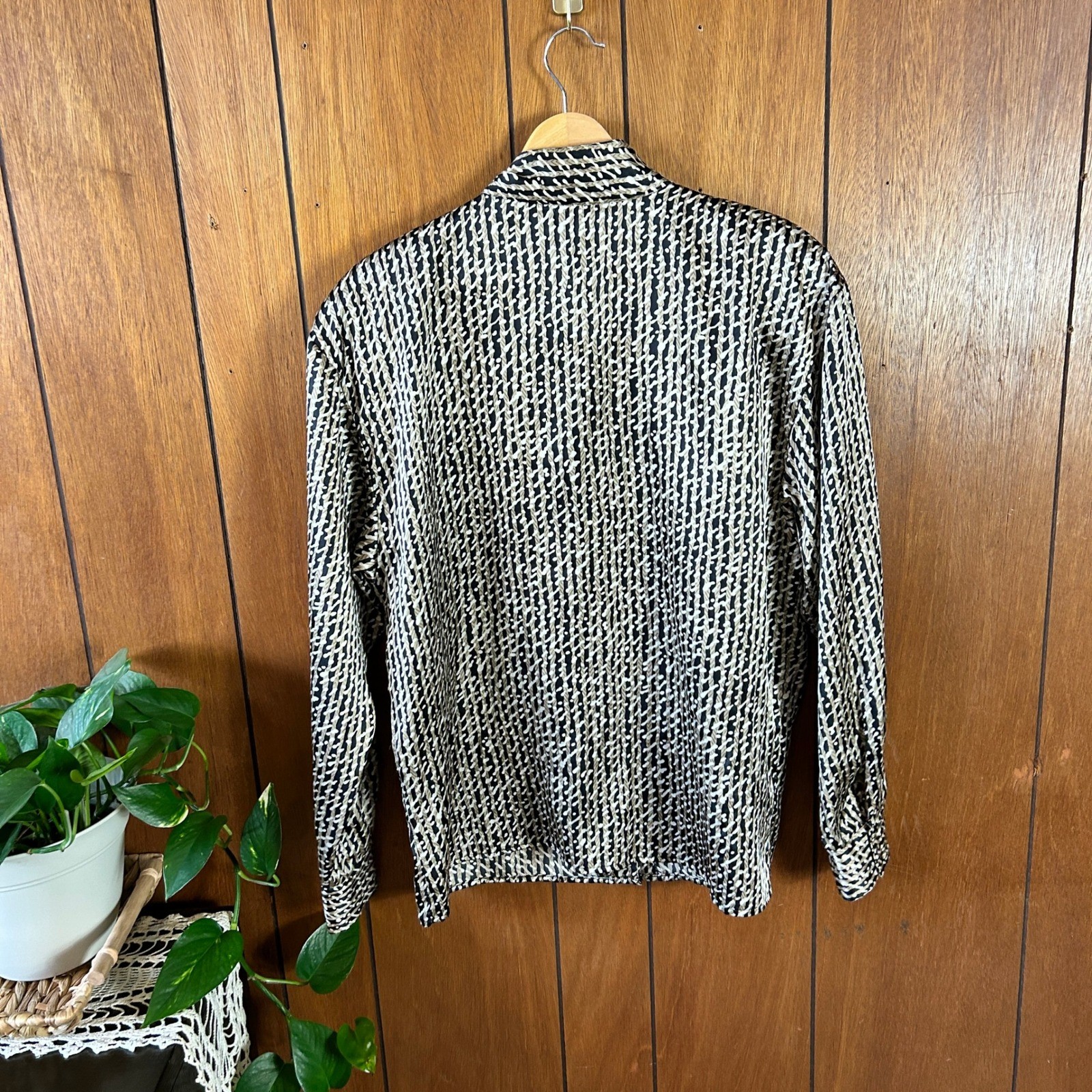 Vintage Alexandria Mock Neck Blouse Black Tan Geometric Abstract Print Top
