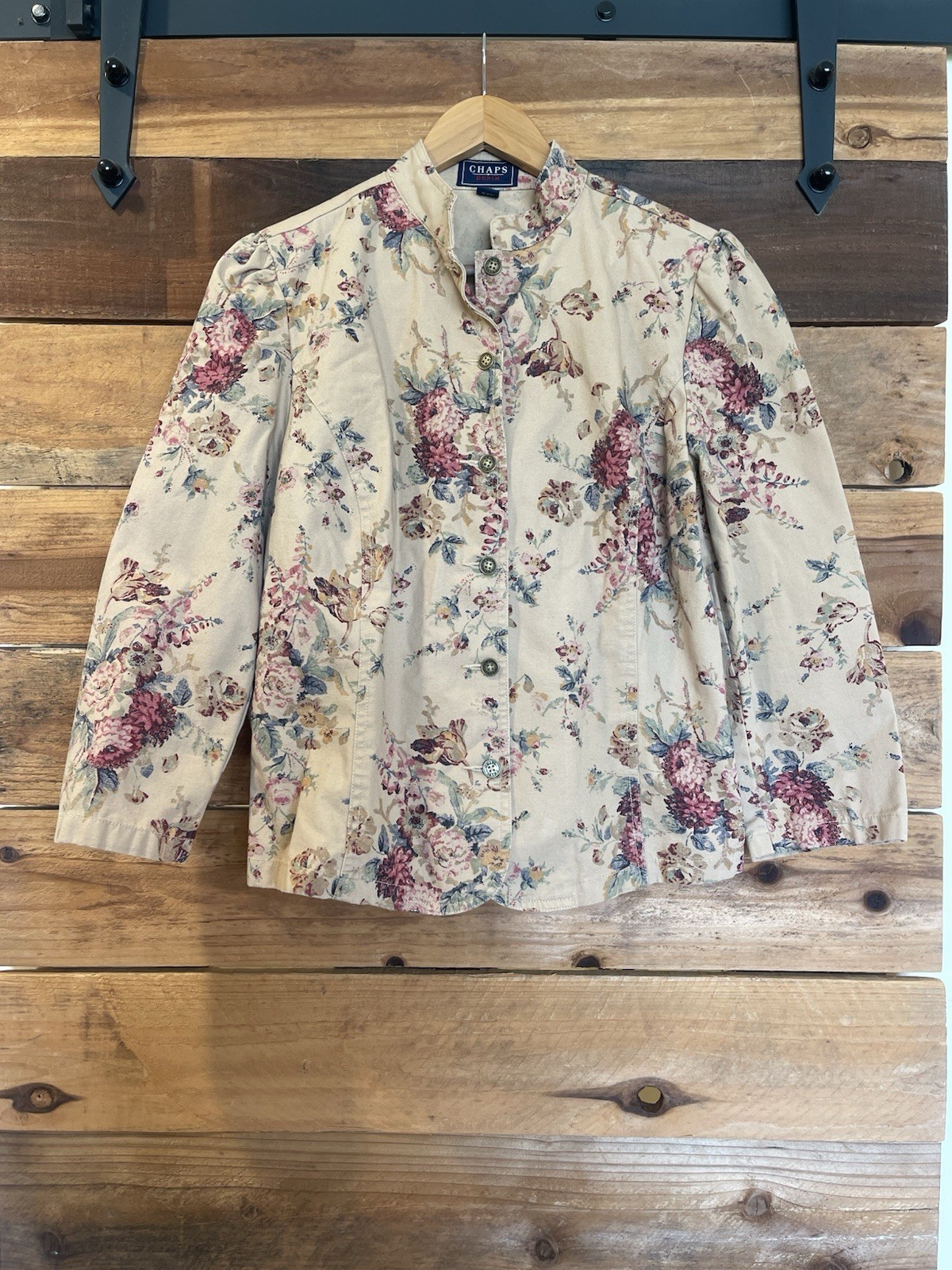 Vtg Chaps Ralph Lauren Cottage Rose Beige Denim Jacket Shirt Large Boho Classic
