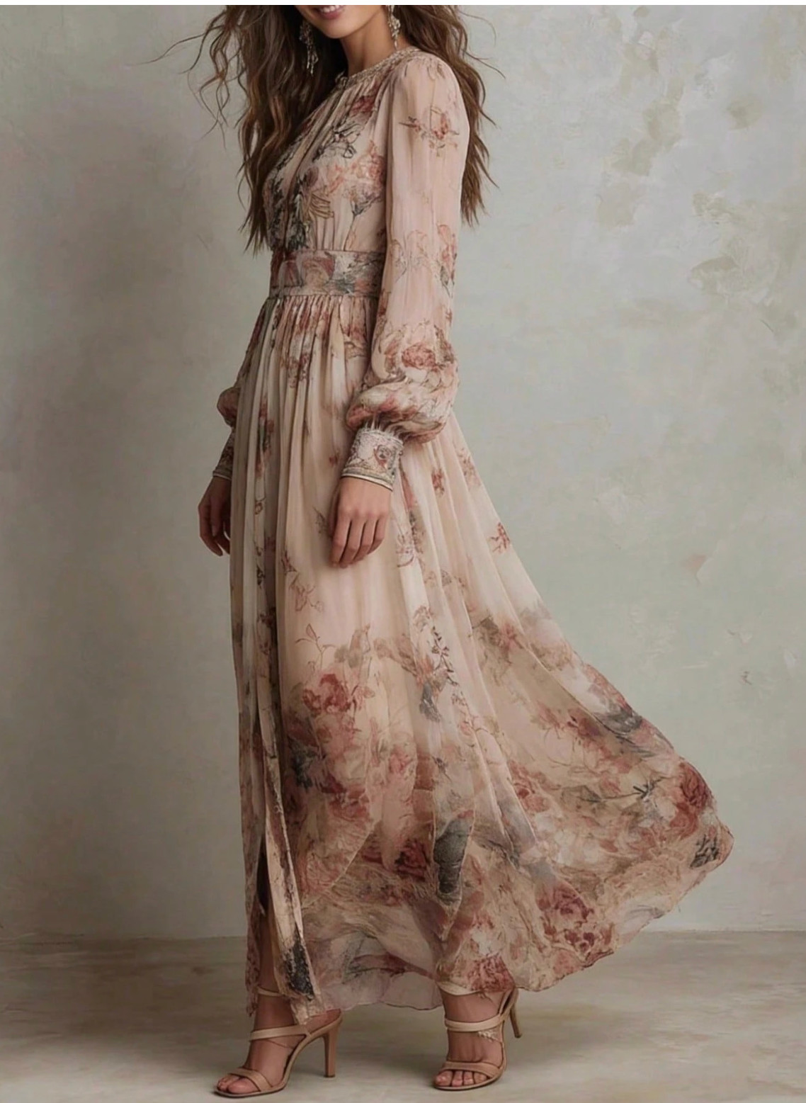2026 Casual Gown With A Vintage Floral Chiffon Design, Crew Neck, Long Sleeves
