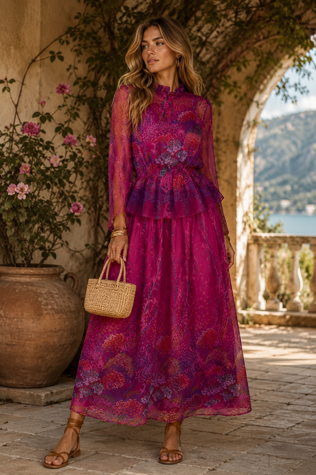 Vera Mont Vintage 70s Chiffon Maxi Dress Two Piece Pink Boho Size 32/34