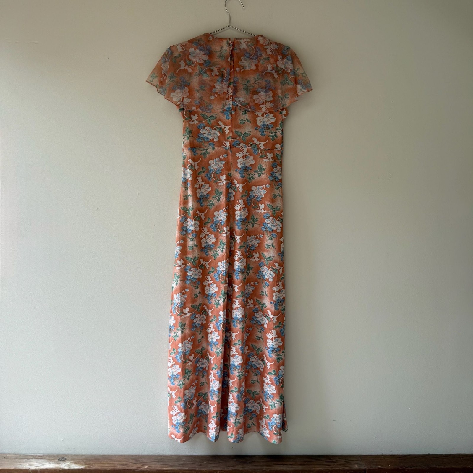 Vintage 1970s Orange Floral Print Maxi Dress Capelet Flutter Sleeve