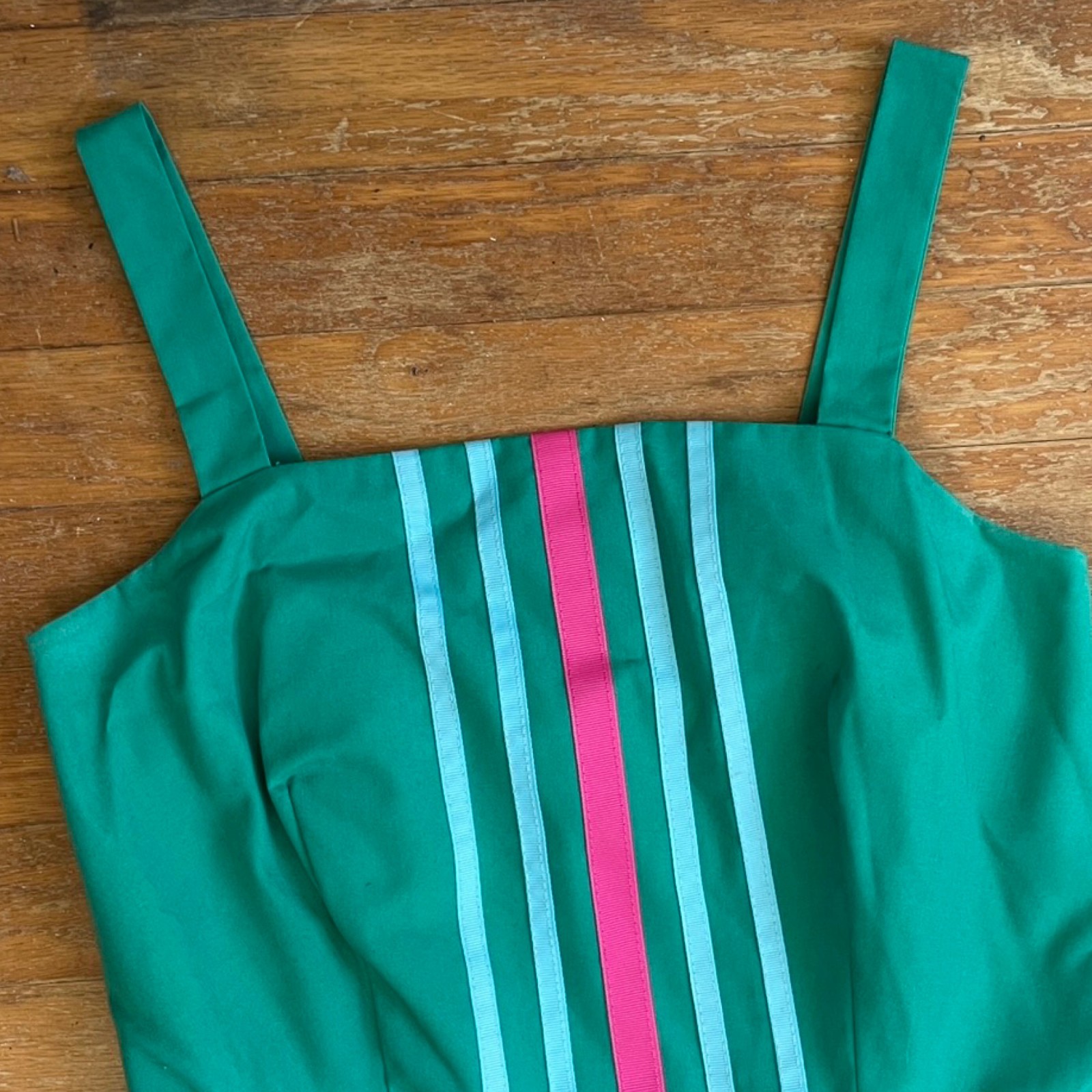 Vintage Cotton Sundress Size Small 1970s Teal Striped Sleeveless A-Line Pockets