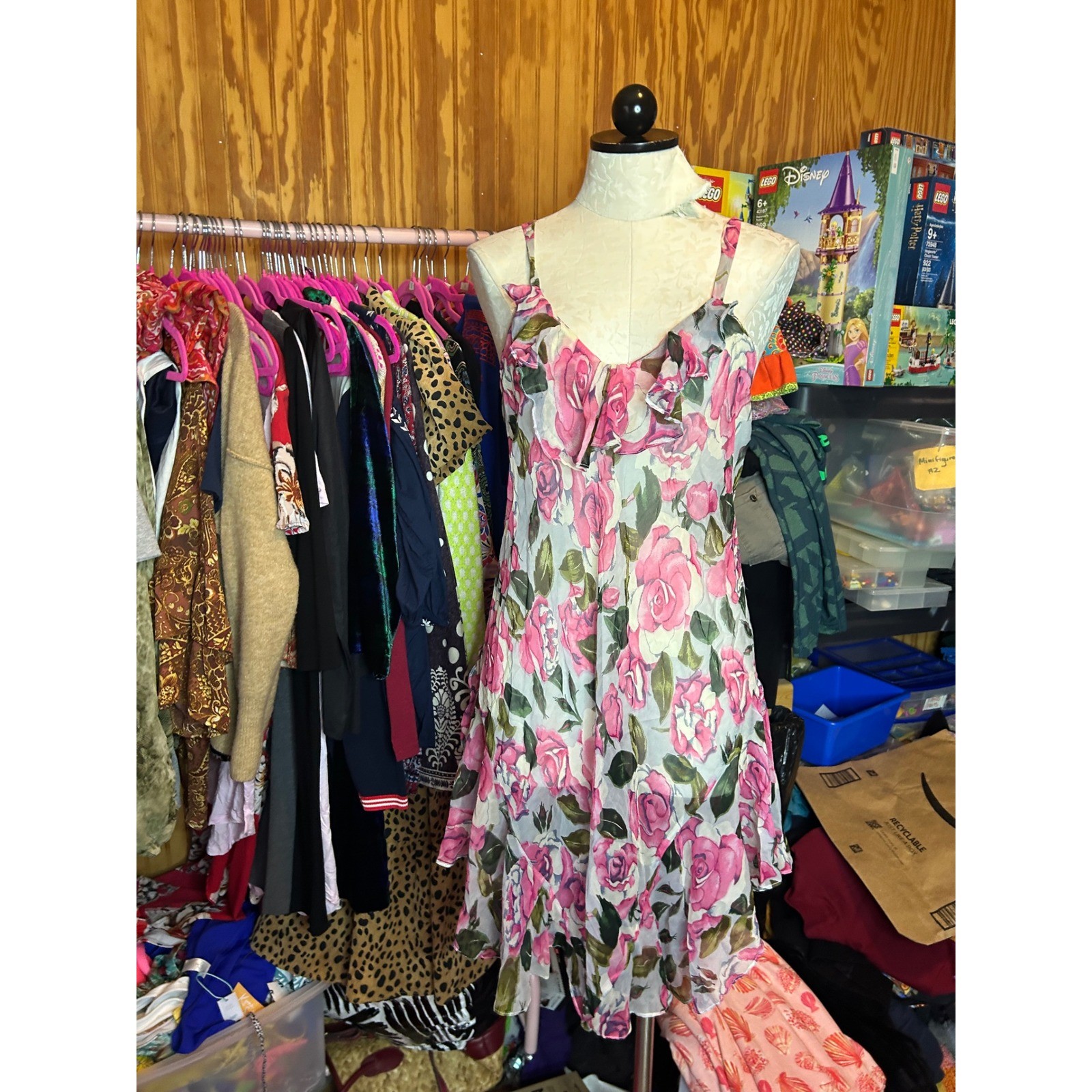 Lasoie SILK Pink Floral Rose Flutter Sleeve Nightgown 2 Piece Lingerie VTG L
