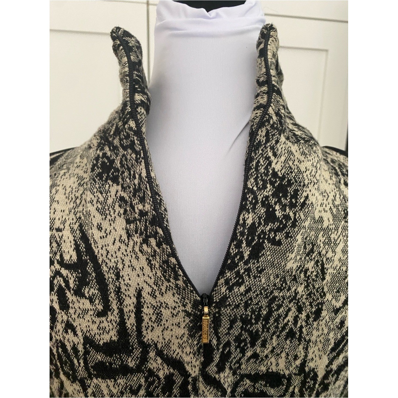 Roberto Cavalli Vintage Black Cream Snakeskin Wool Long Sleeve Dress Medium