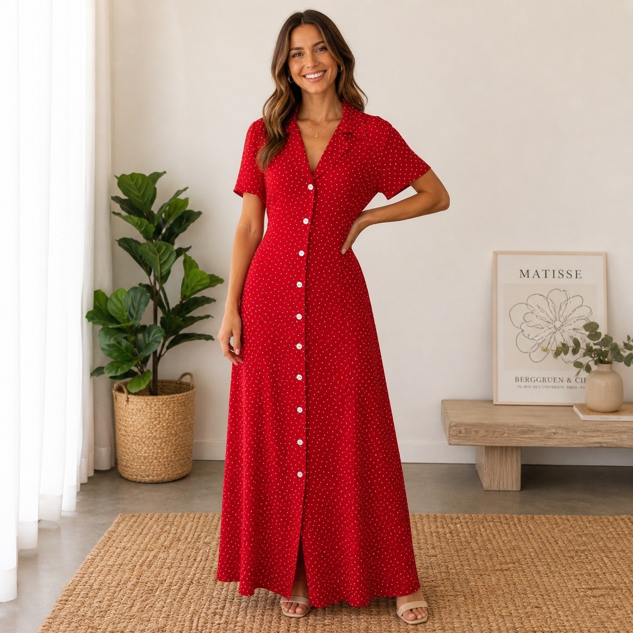 Vintage Red Polka Dot Maxi Dress Cottagecore Retro Picnic Summer Button Front 12