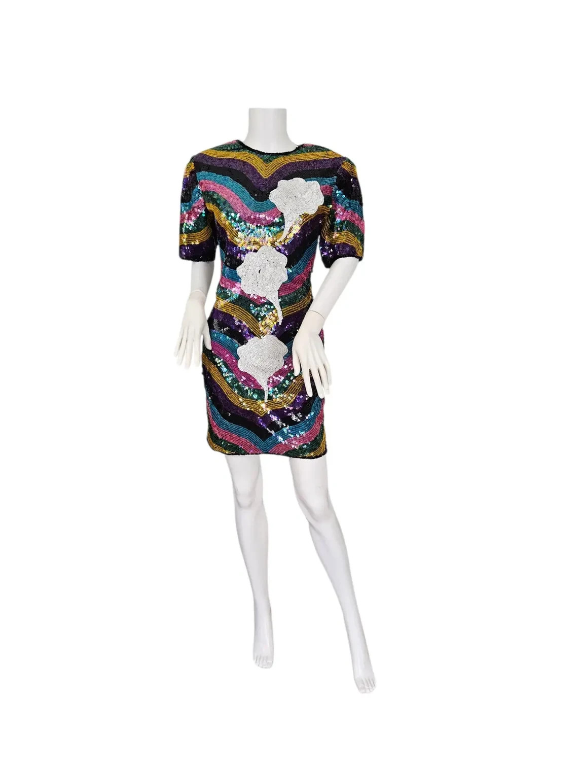 1980s Rainbow Stripe Silk Beaded Sequin Dress I Sz Med Imperial Handicrafts