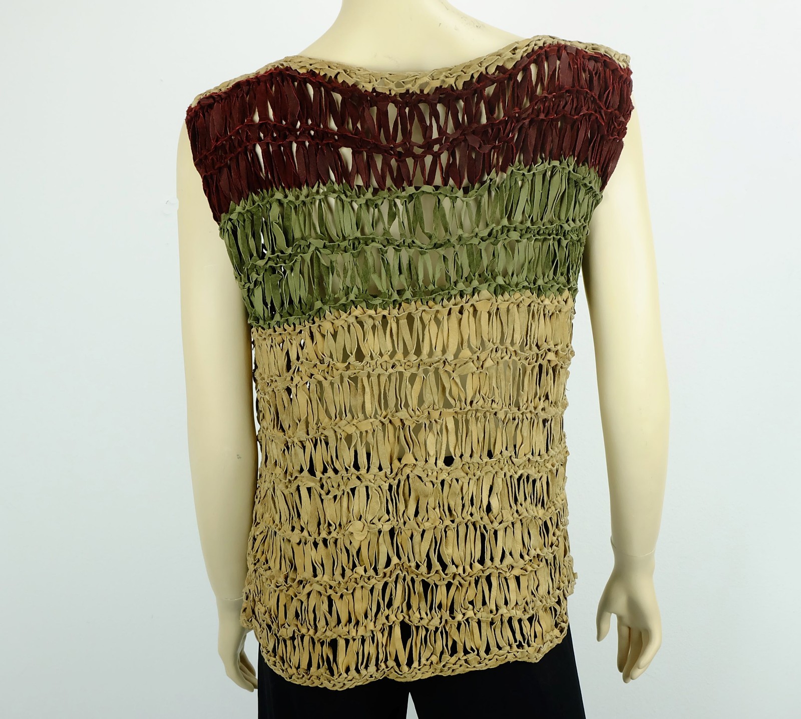 80s Suede SWEATER Sleeveless Top Hand Knitted Chunky Knit Size M Tri Tone