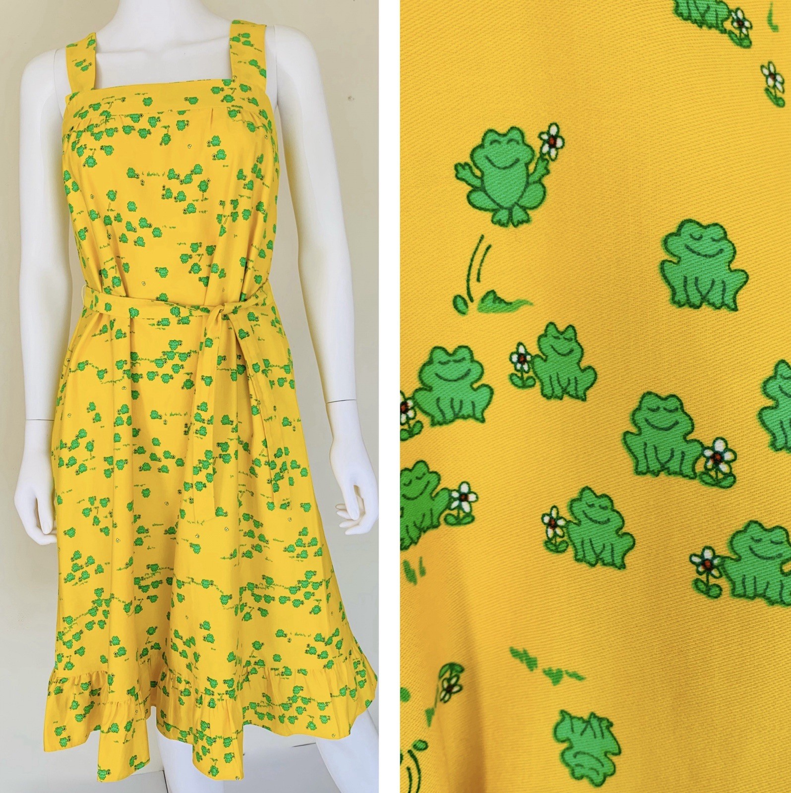 Vintage 1960s 70s Malia Hawaiian Mod Yellow Frog Print Cotton Sundress XS/S NEW