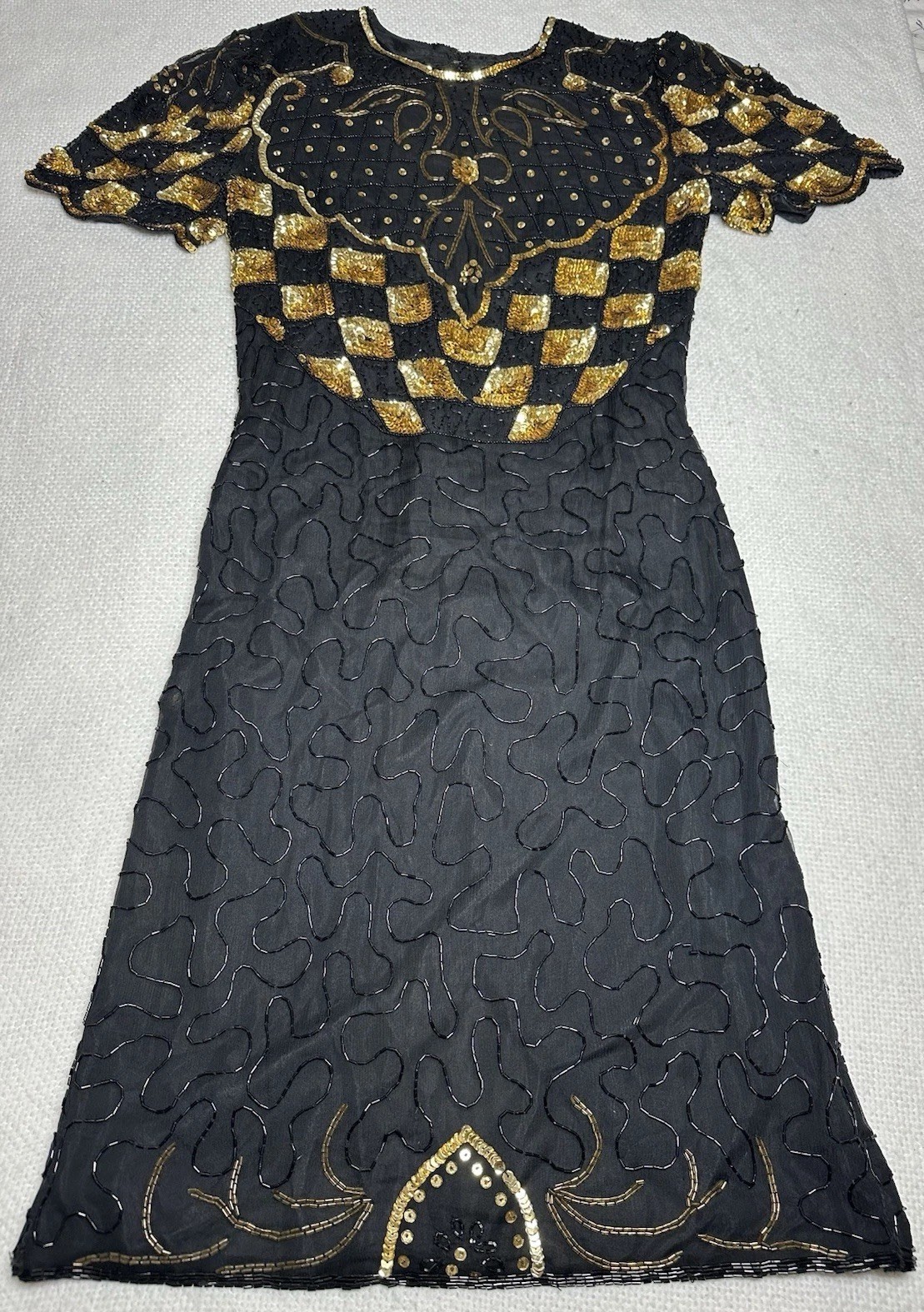 SWEELO Vintage Silk Beaded Black Gold Dress India Art Deco Sequin S 6-8