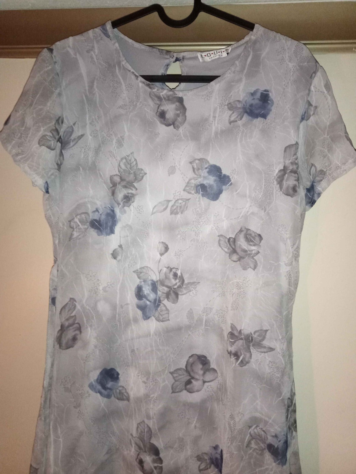 Vintage Grey and Blue Hazy Flower Dress – 90s, Medium