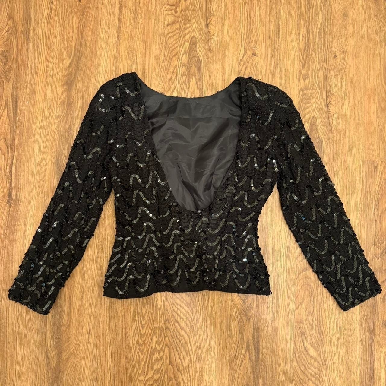 80s Vintage Black Sequin Backless Scoop Back Sheer Long Sleeve Blouse Size 10