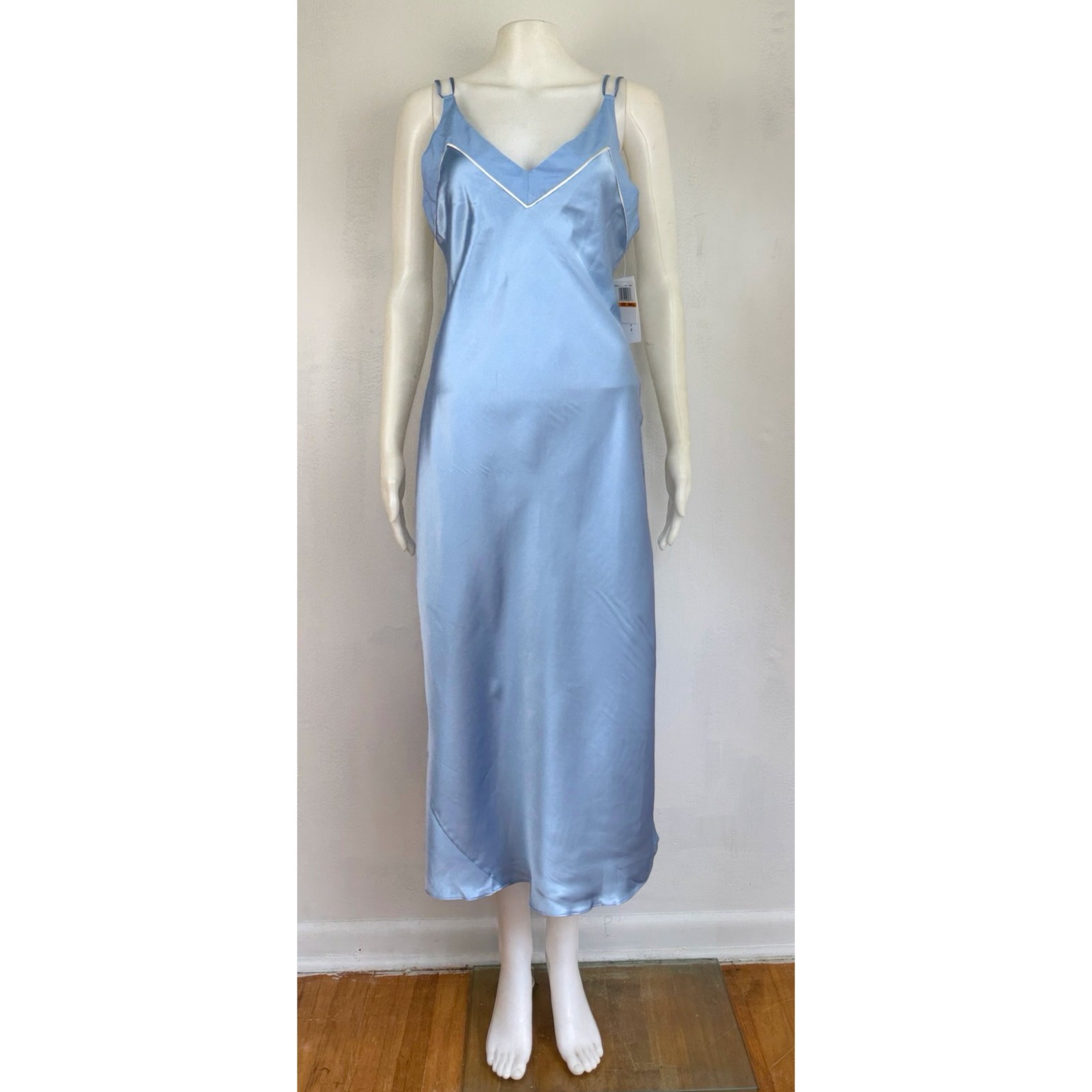 Vintage Silk Slip Dress Size Small Light Blue Satin V-Neck Camisole Style Midi