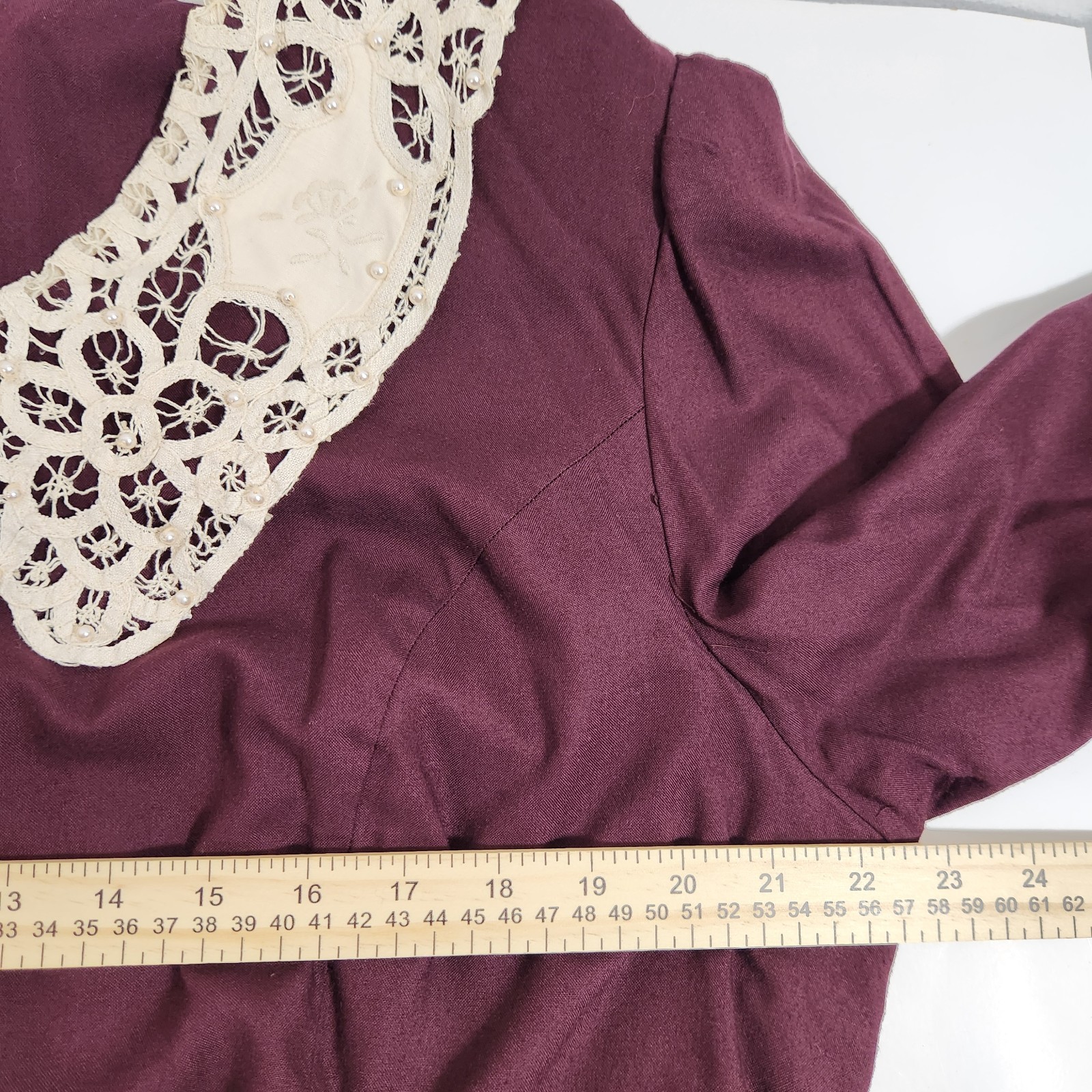 Vintage Plaza South Plus 20W Burgundy Prairie Midi Dress Lace Collar Cottagecore