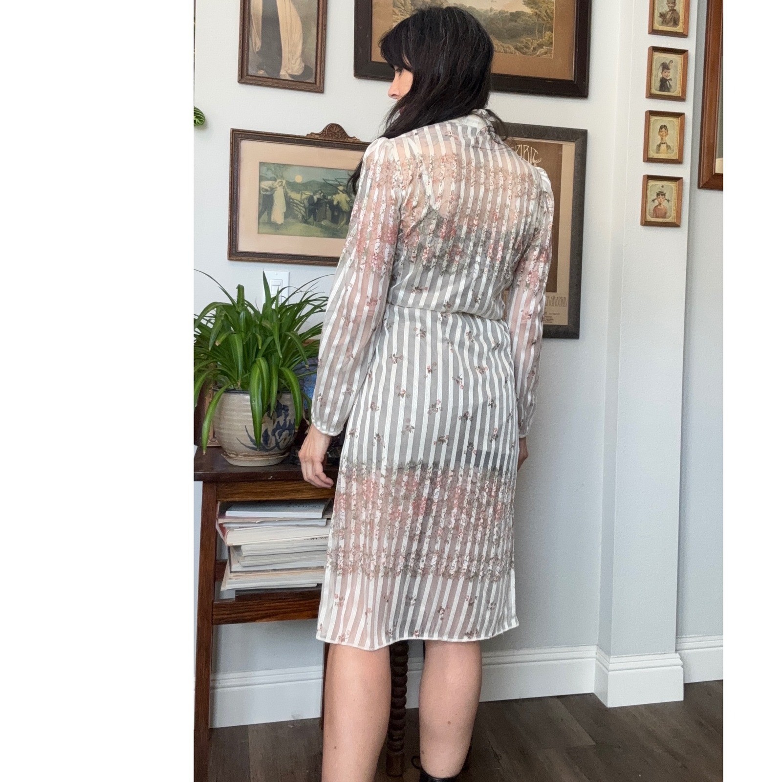 Vintage 70s Sheer Prairie Midi Dress Floral Stripe Ruffle Neck White Pink Green