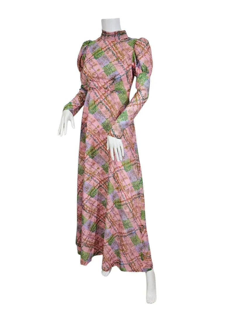 1970s Pink Green Pixelated Plaid Nylon Maxi Dress I Sz Sm I Leg o Mutton Sleeves