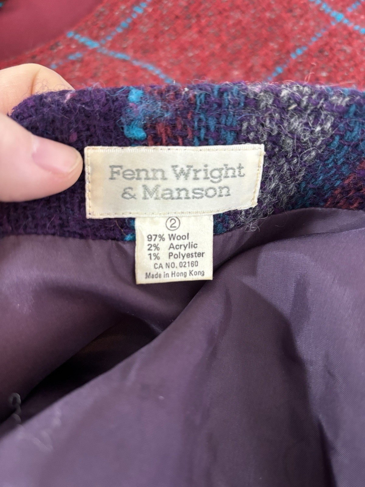 Vintage Fenn Wright Manson Wool Blend Open Jacket Purple Red Blue Cropped