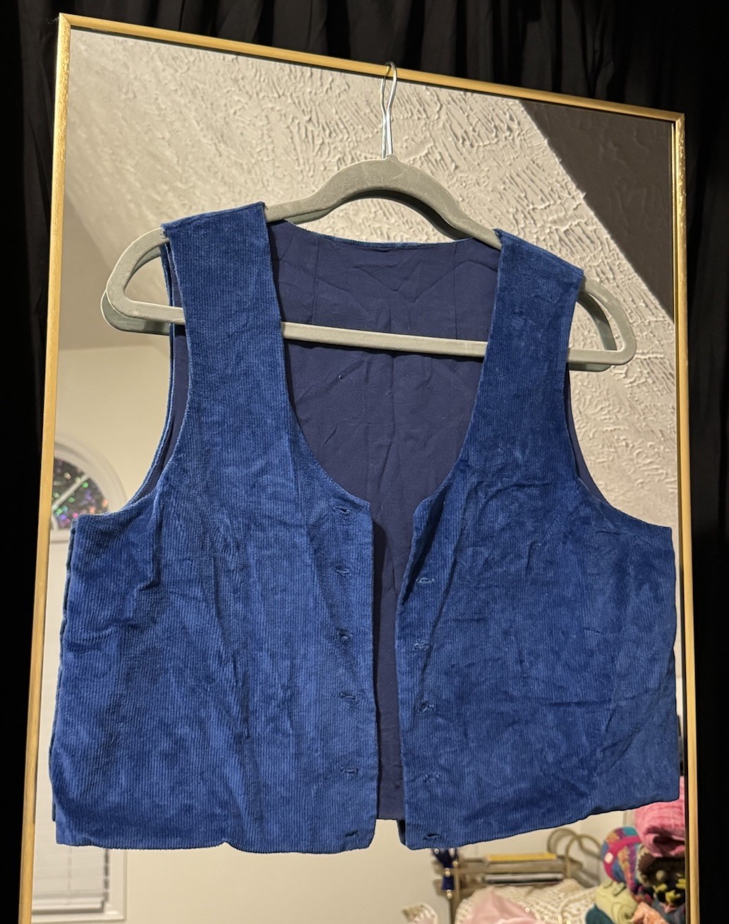 Vintage 1960s 1970s Blue Corduroy Vest Open Front Double Buttonhole Waist Coat