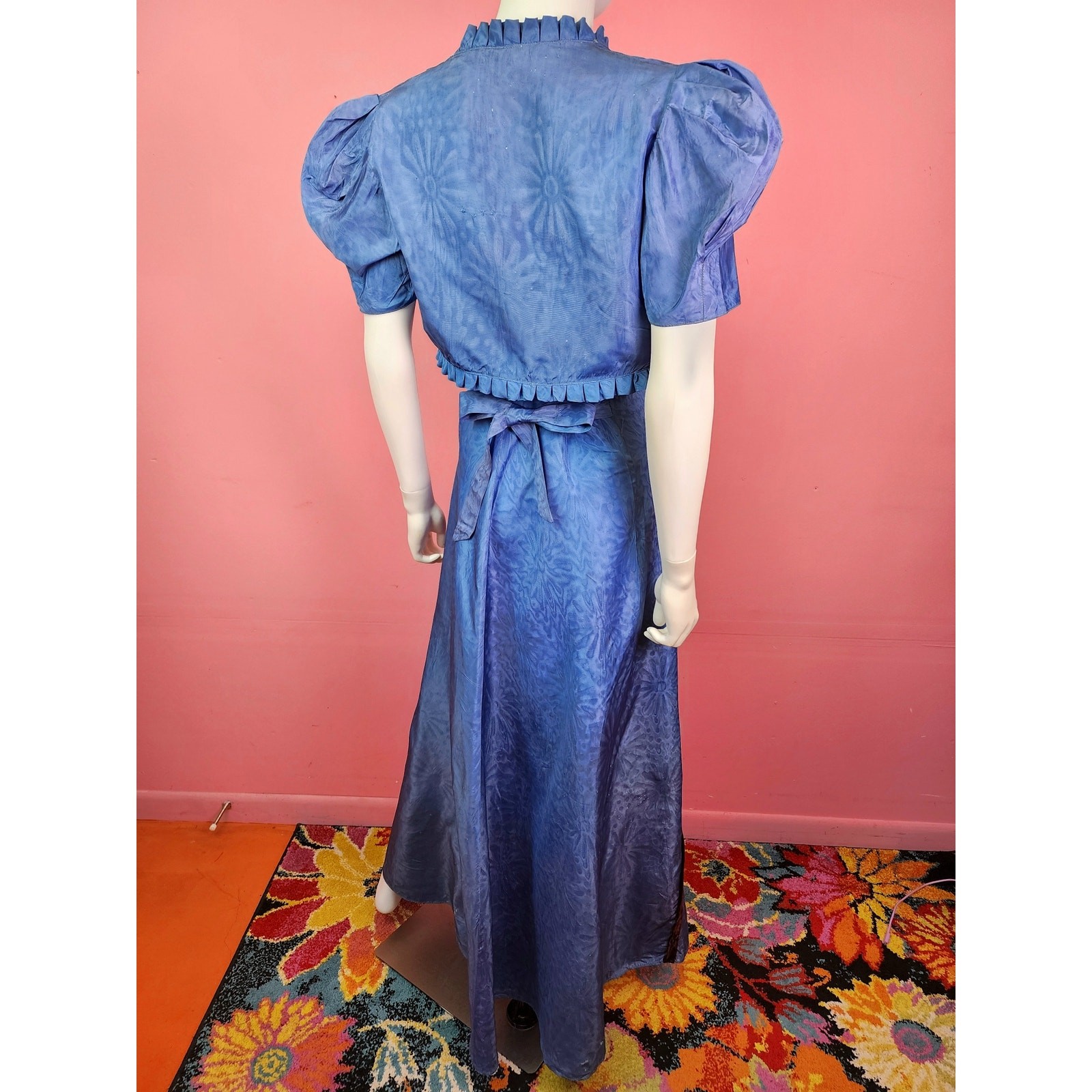 Antique 1930’s Moiré Satin Gown and Bolero Cornflower Blue Burgundy Velvet Bows