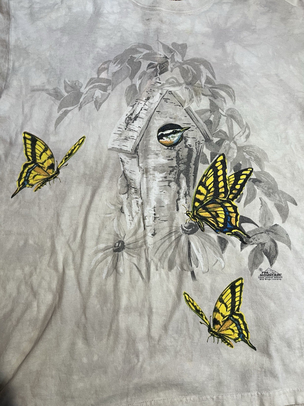 vtg The Mountain Mens XXL Butterfly Bird Nature Tie Dye Beige Gray T Shirt Y2K