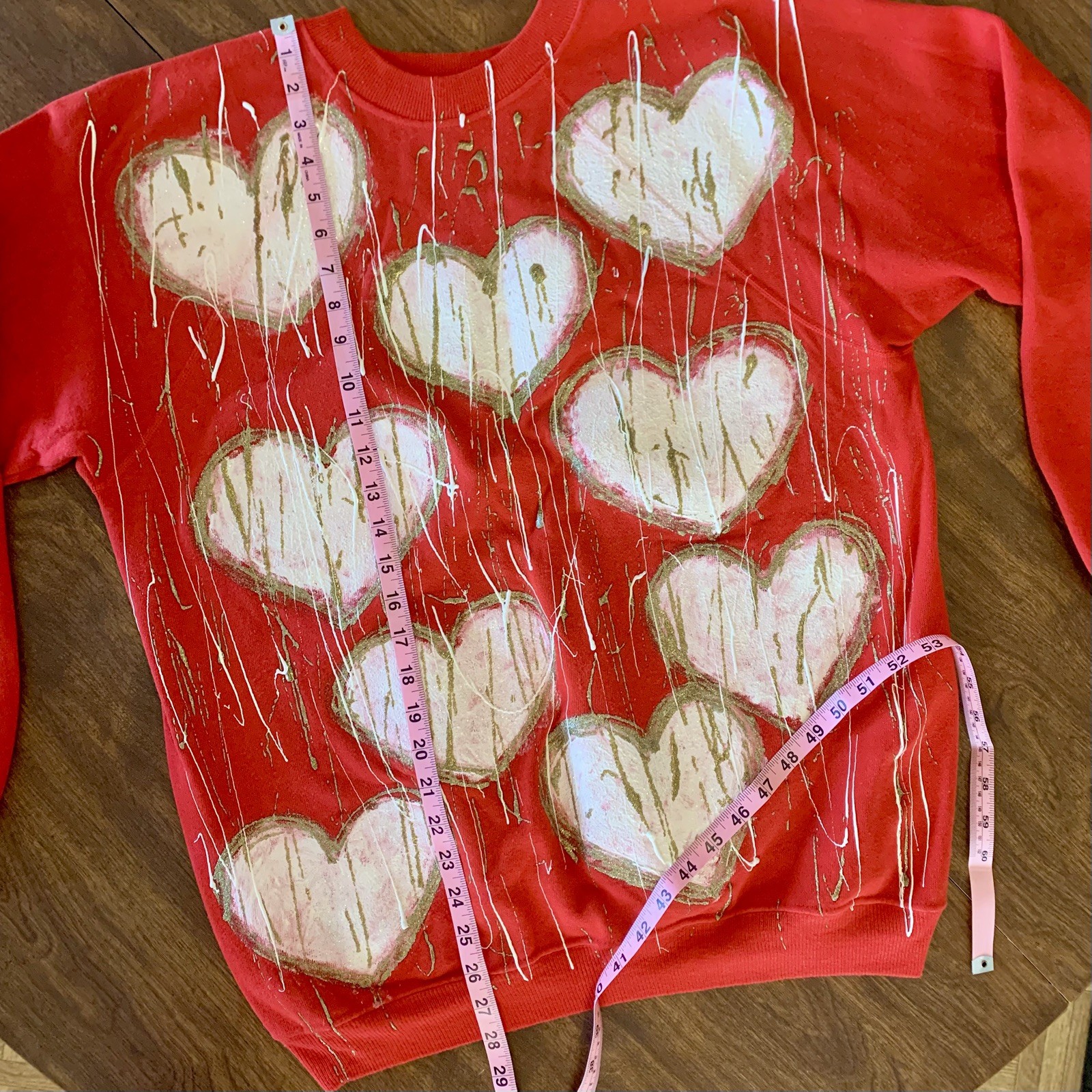 Vintage Valentine’s Day Red Sweatshirt with painted hearts gold paint spatter L