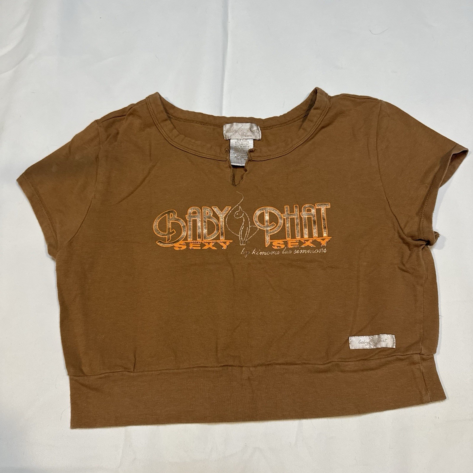Vintage Y2K Baby Phat Cat Logo Large Rhinestone Brown Gold Sexy Crop Top RARE