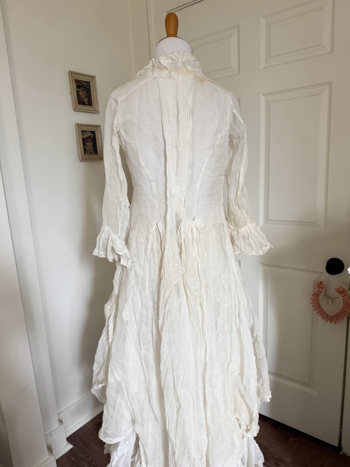 Antique 1880s Victorian White Bustle Ensemble with Jacket Bodice & Ruffle Skirt