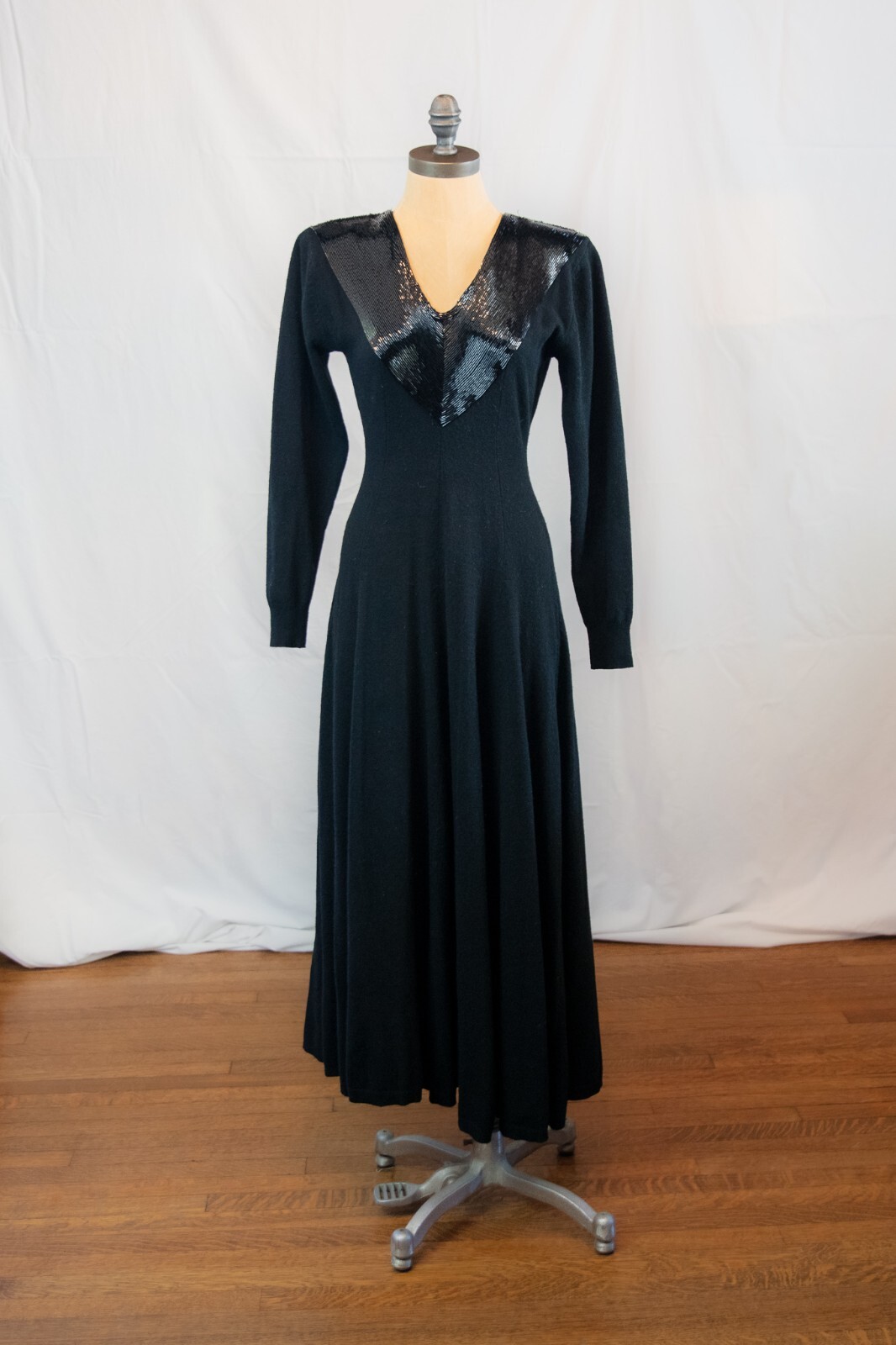 Vintage 70s Nancy Johnson Black Lambswool Knitwear Beaded Swing Dress Size Sz XS