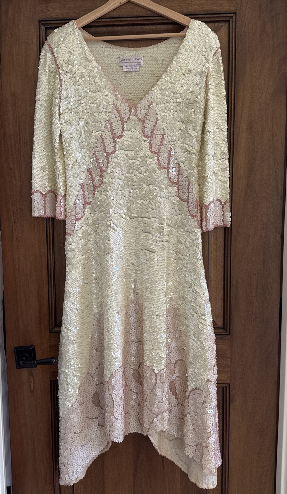 Vintage 80s Jenny Lewis London 100% Silk Sequin Dress Art Deco Handkerchief Hem