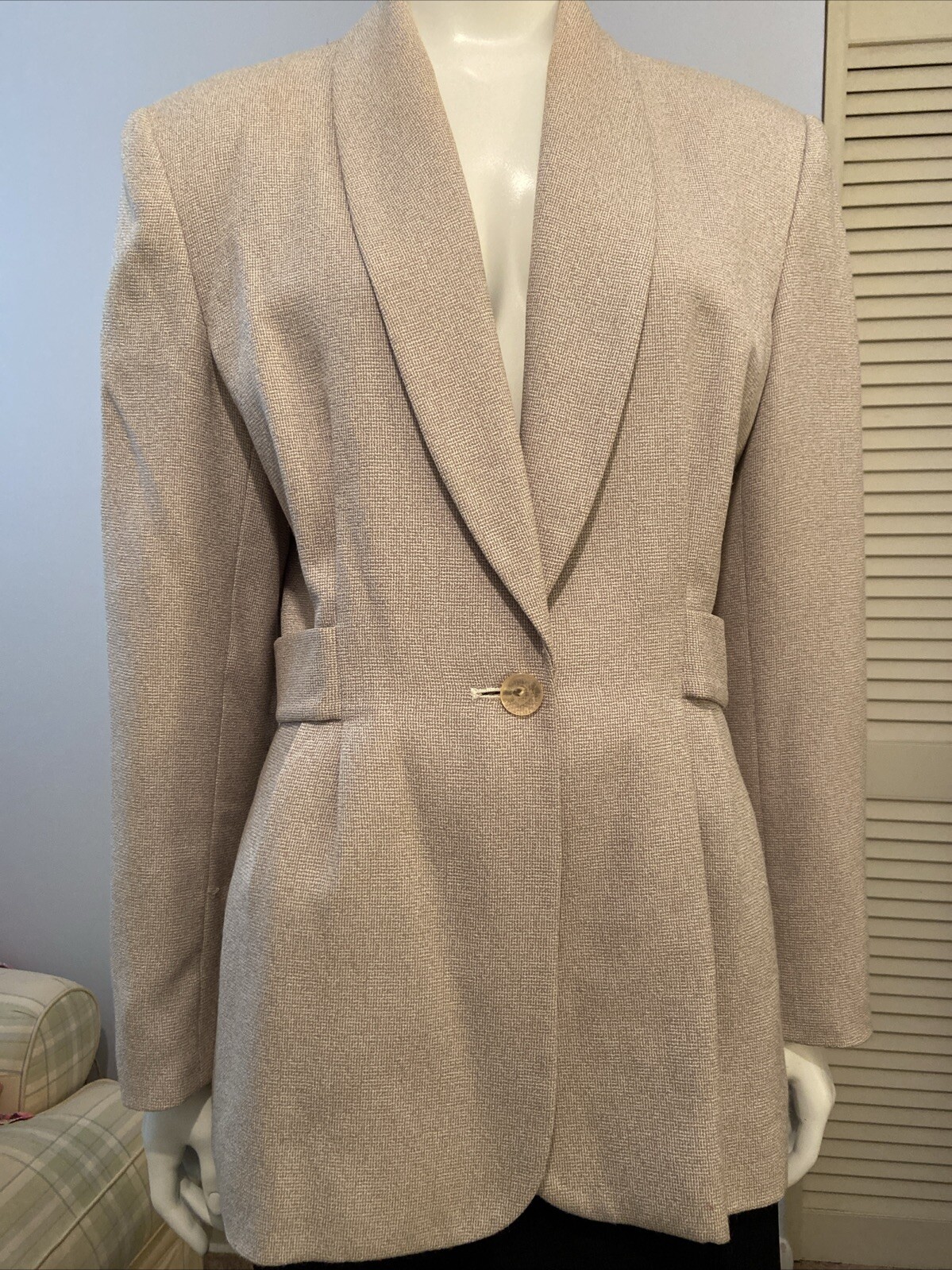 Vintage Larry Levine Beige Chic Jacket 1 Button Pleats Pockets Belt Detail Sz 10