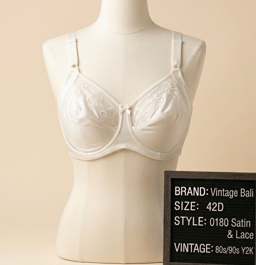 Vintage Bali 0180 Underwire Bra 42D Beige Satin Floral Embroidered 80s 90s Y2K