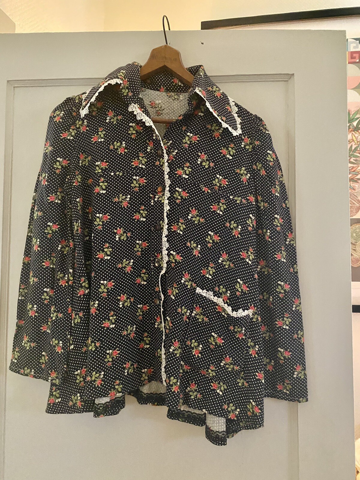 Vtg 70’s Liberty of London Black Polka Dot Rose Blouse W/ Agate Buttons