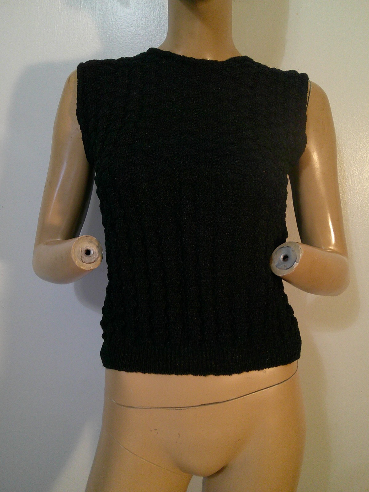 Vtg 60’s Mod Rockabilly Pin Up Black Antron Nylon Popcorn Sleeveless Shell Top L