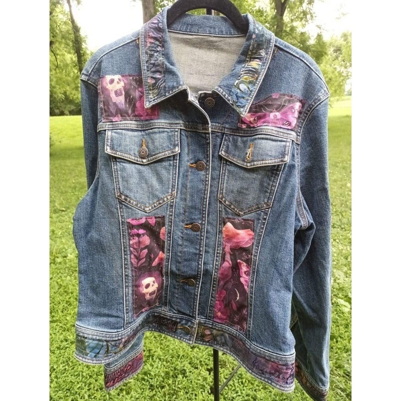 Dark Cottagecore Denim Jacket Moth Mushroom Skull Jacket Handmade Boho Size Med