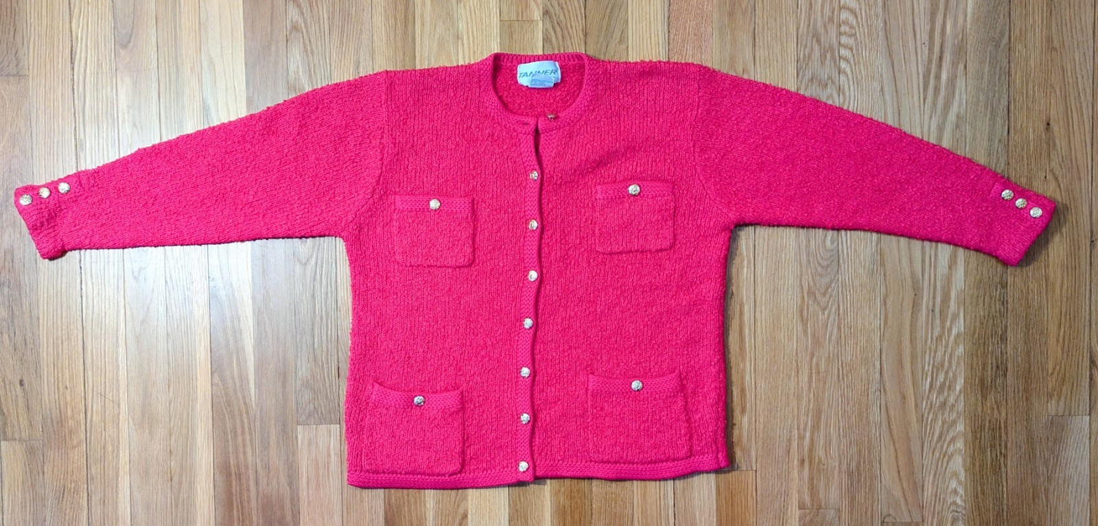 Vintage 80s TANNER Neon Pink/Gold Button Acrylic Cardigan Women’s sz M *EUC!*