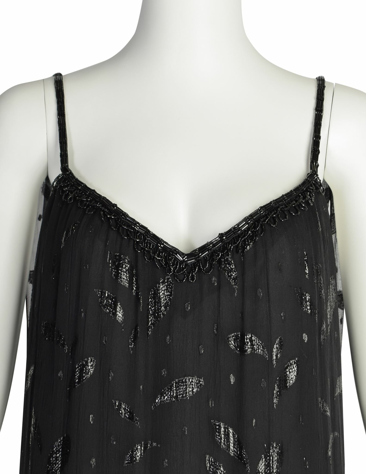 Holly’s Harp Vintage 1980s Black Silk Chiffon Metallic Leaf Jacquard Beaded Frin