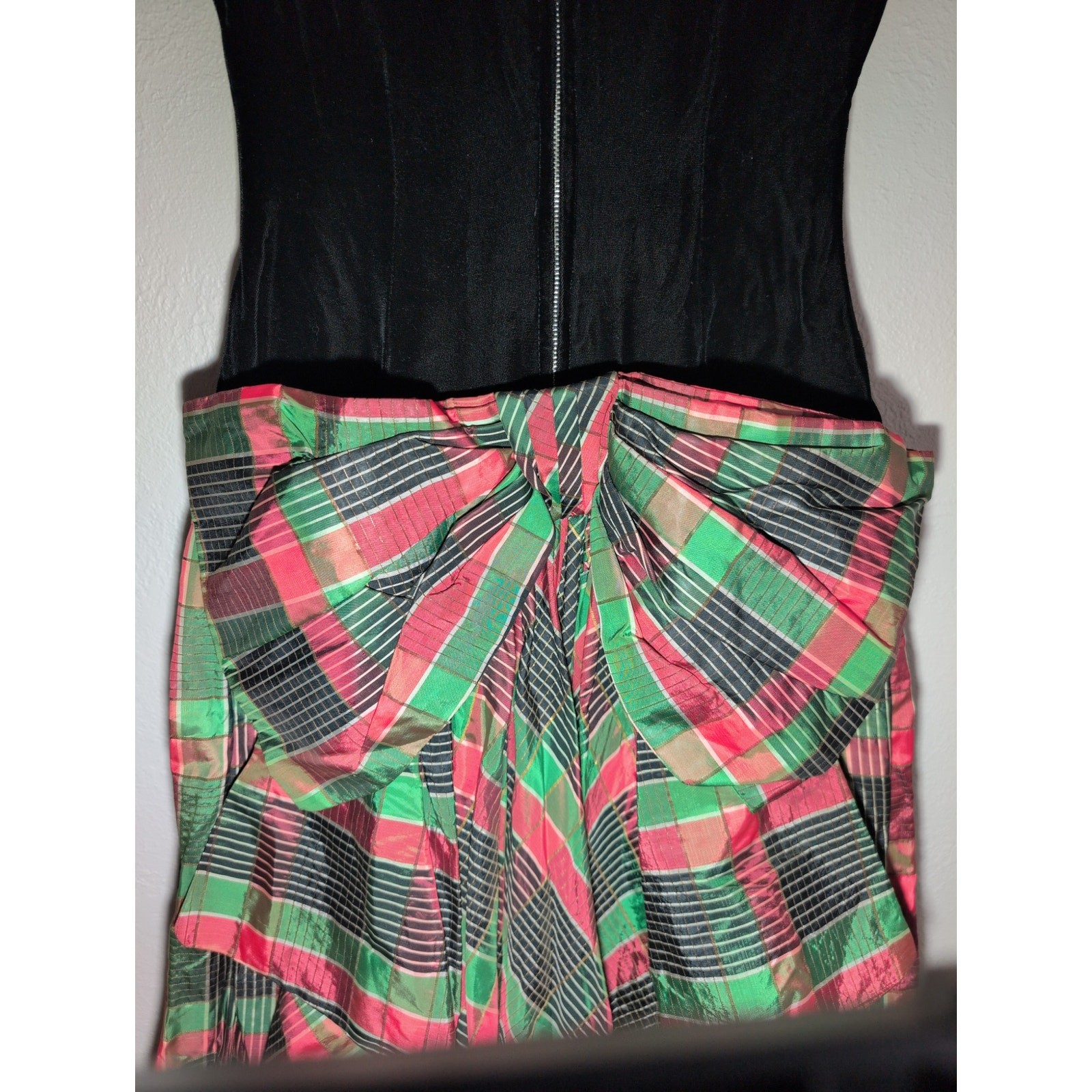 Vintage Party Lines by Domb Black Velvet Green/Pink Taffeta Dress Ball gown XXS