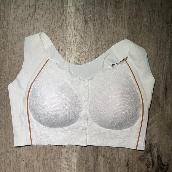 White Lace Full Coverage Bra Size L Wide Strap Corset Style Wireless Cottagecore