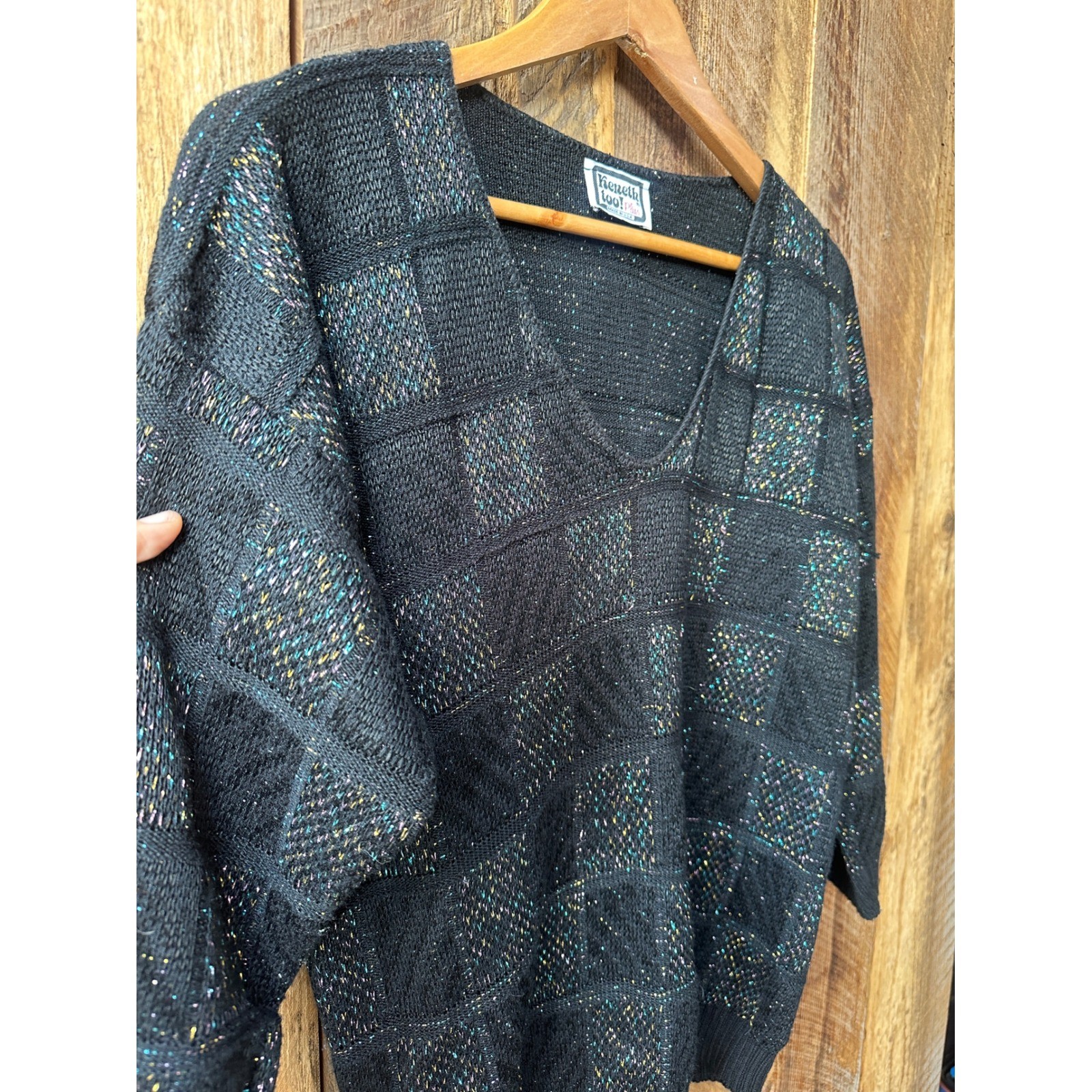 Vintage Kenneth Too Plus Black Knit V-Neck Sweater Sparkle Plaid