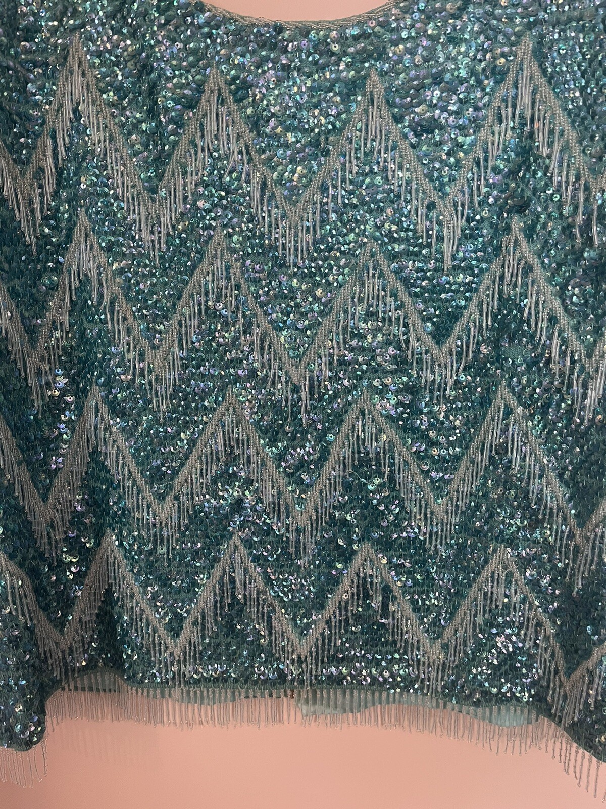 Vintage 1960s Hand Beaded Turquoise Sequin Fringe Top Art Deco Gatsby Flapper