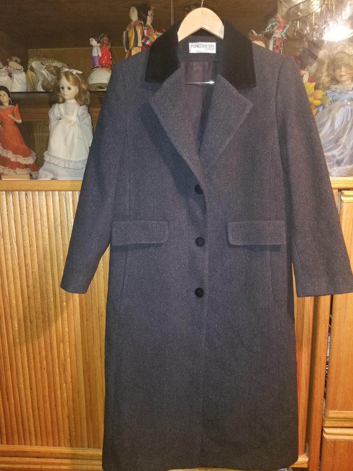VINTAGE FORECASTER OF BOSTON LADIES GRAY/GREY/BLACK TRIM LONG COAT SIZE 8 WOOL
