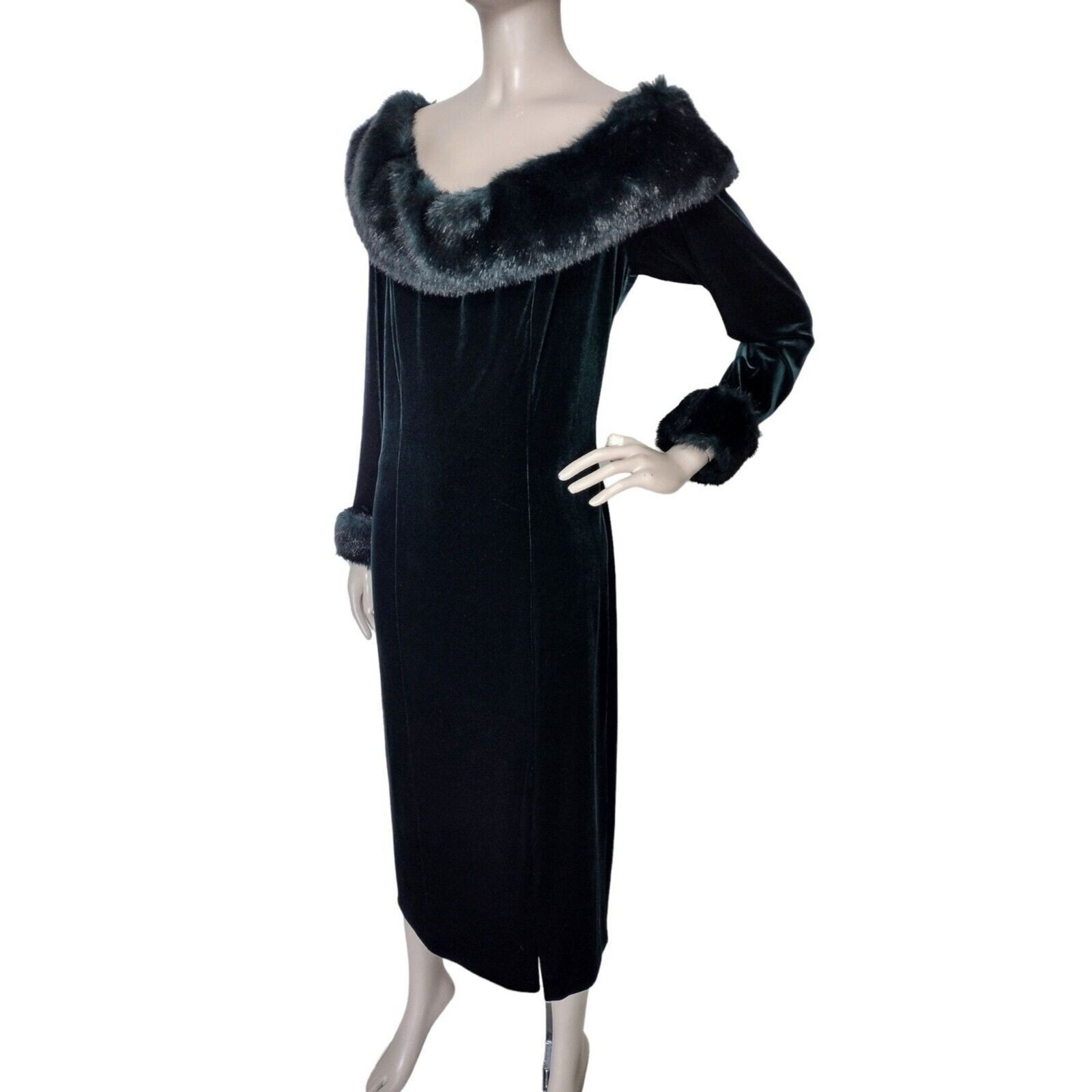 Vintage 80s 90s Aspeed Green Velvet Faux Fur Volump Bombshell Party Dress NEW