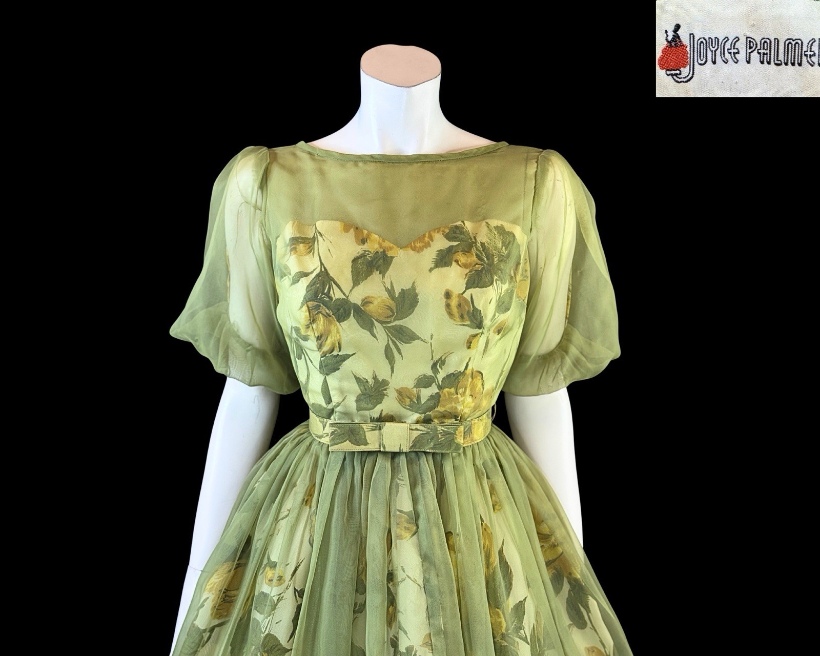 1950s Joyce Palmer Romantic Rose Floral Illusion Dress S
