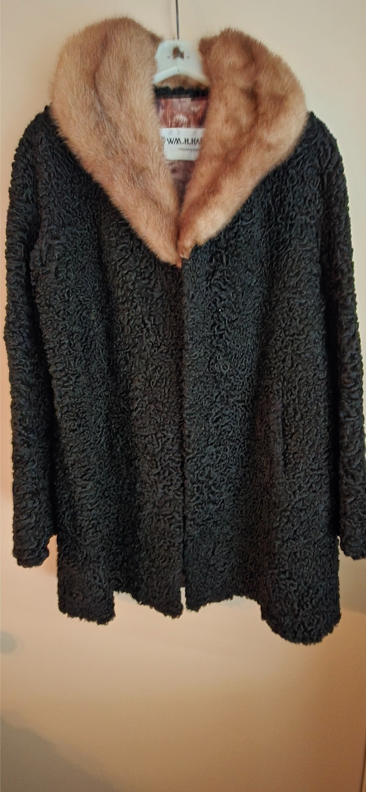 Vintage 60s Black Curly Persian Lamb Coat w/Mink collar M/L