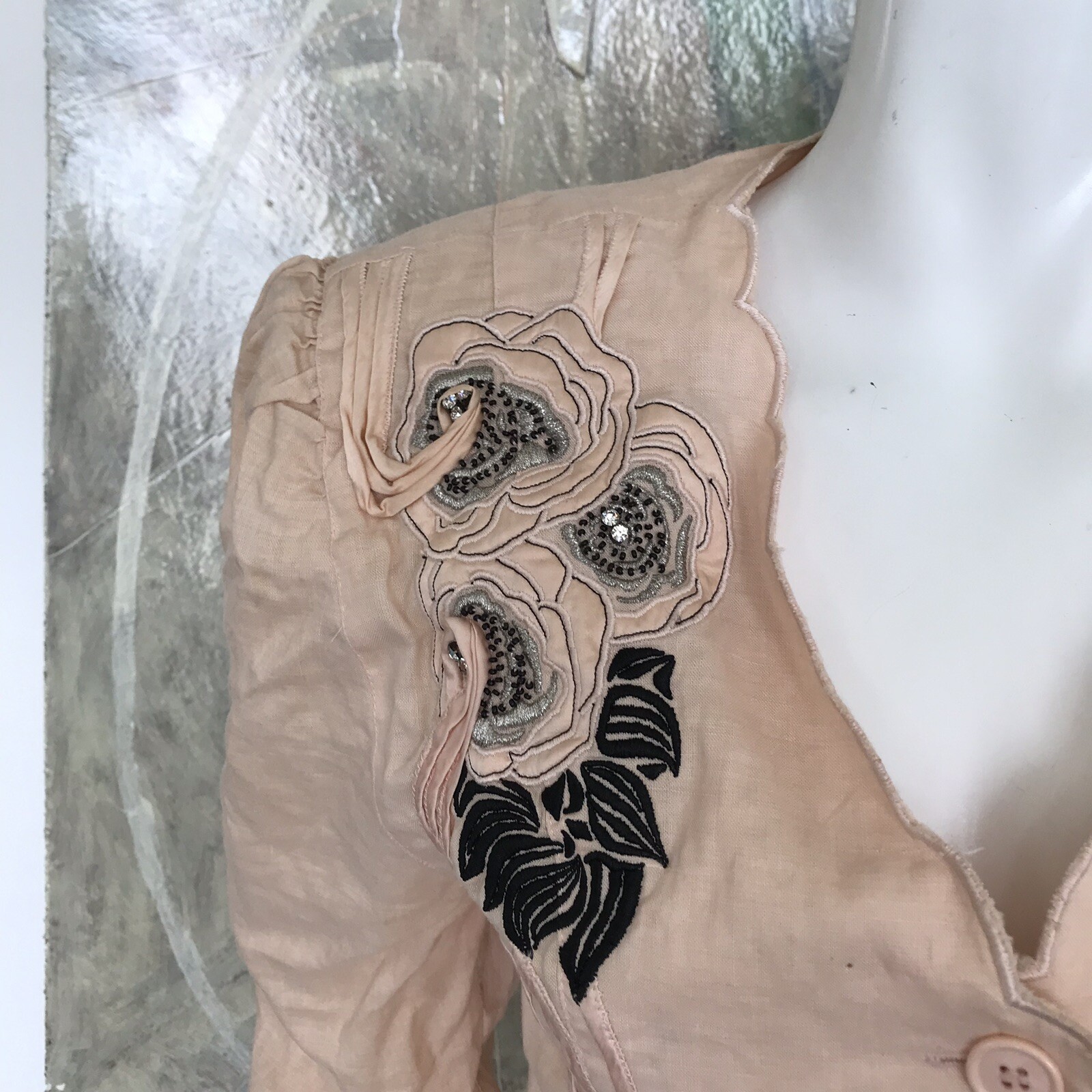 Vintage Pia Rucci Embroidered Floral Coral Buttondown Blouse Top 1980s 80s SZ 8
