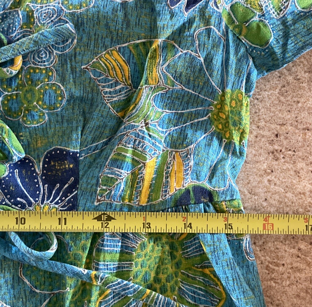 Liberty House Hawaii 1960s Barkcloth Teal Blue Floral Hibiscus Print Dress S/M
