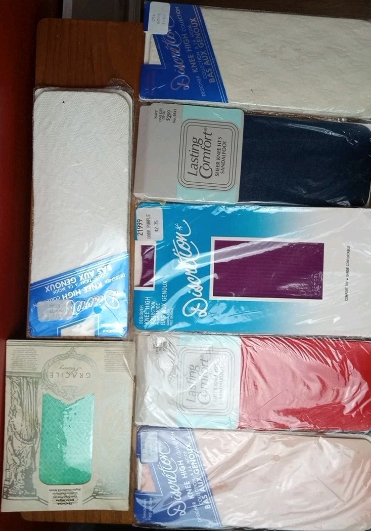 7 Vtg Textured Mesh Knee Hi High Sandal Foot Nylons Stockings One Size 8.5-13