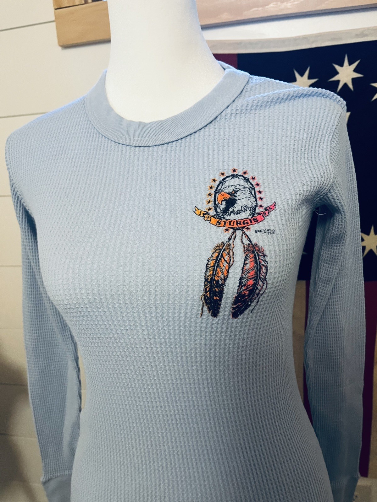 Vintage Sturgis Rally 1995 Women’s Medium Biker Graphic Thermal Top Blue