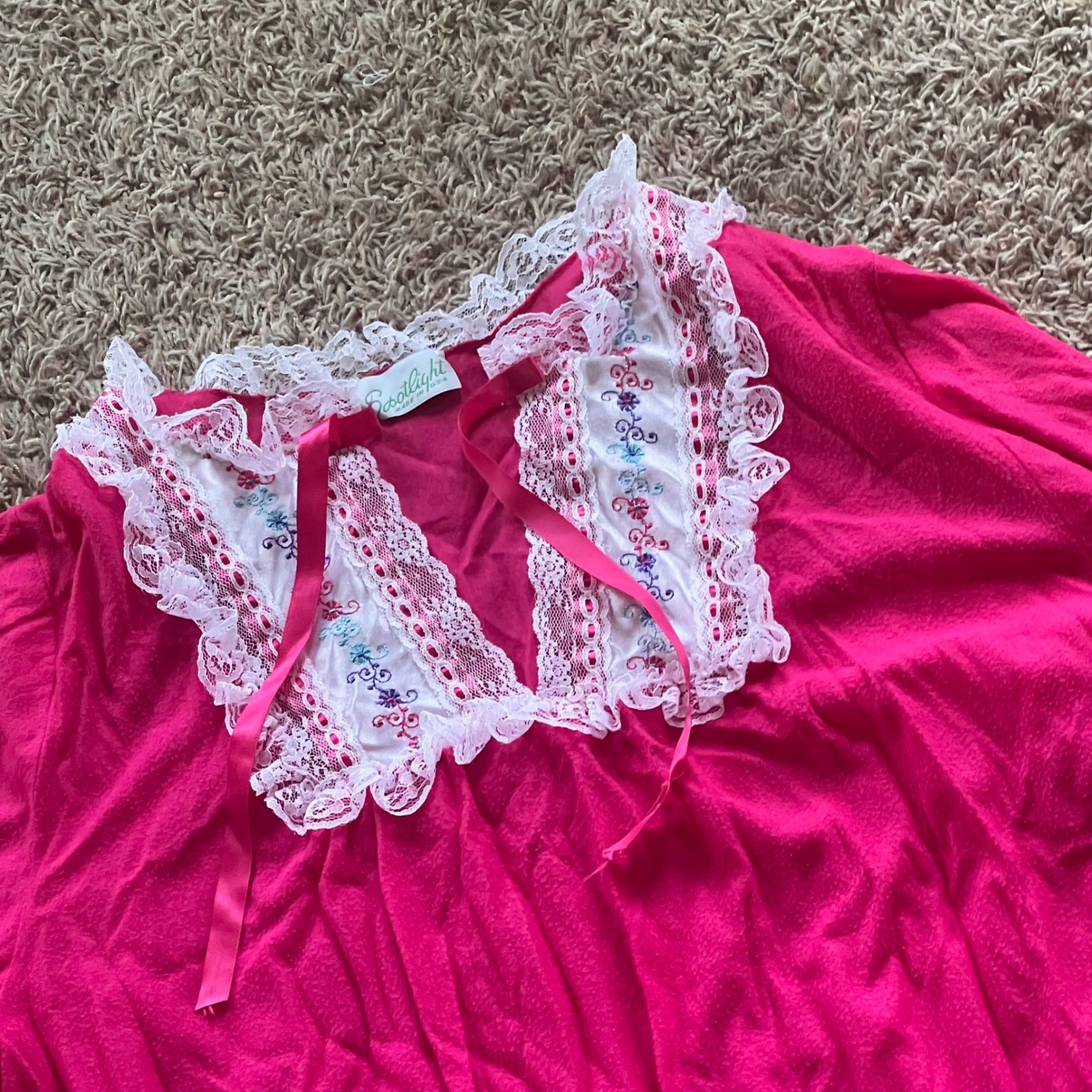 Vintage Spotlight Pink Lace Nightgown Floral Embroidered Long Sleeve USA Made
