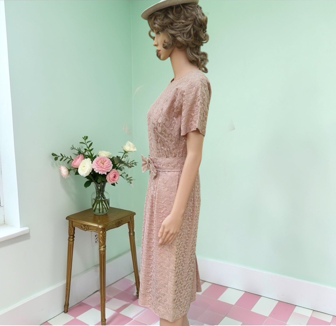 Vintage 1950s Pin Up Dress Coquette Old Hollywood Pretty Bow Wiggle Sheath/Hat