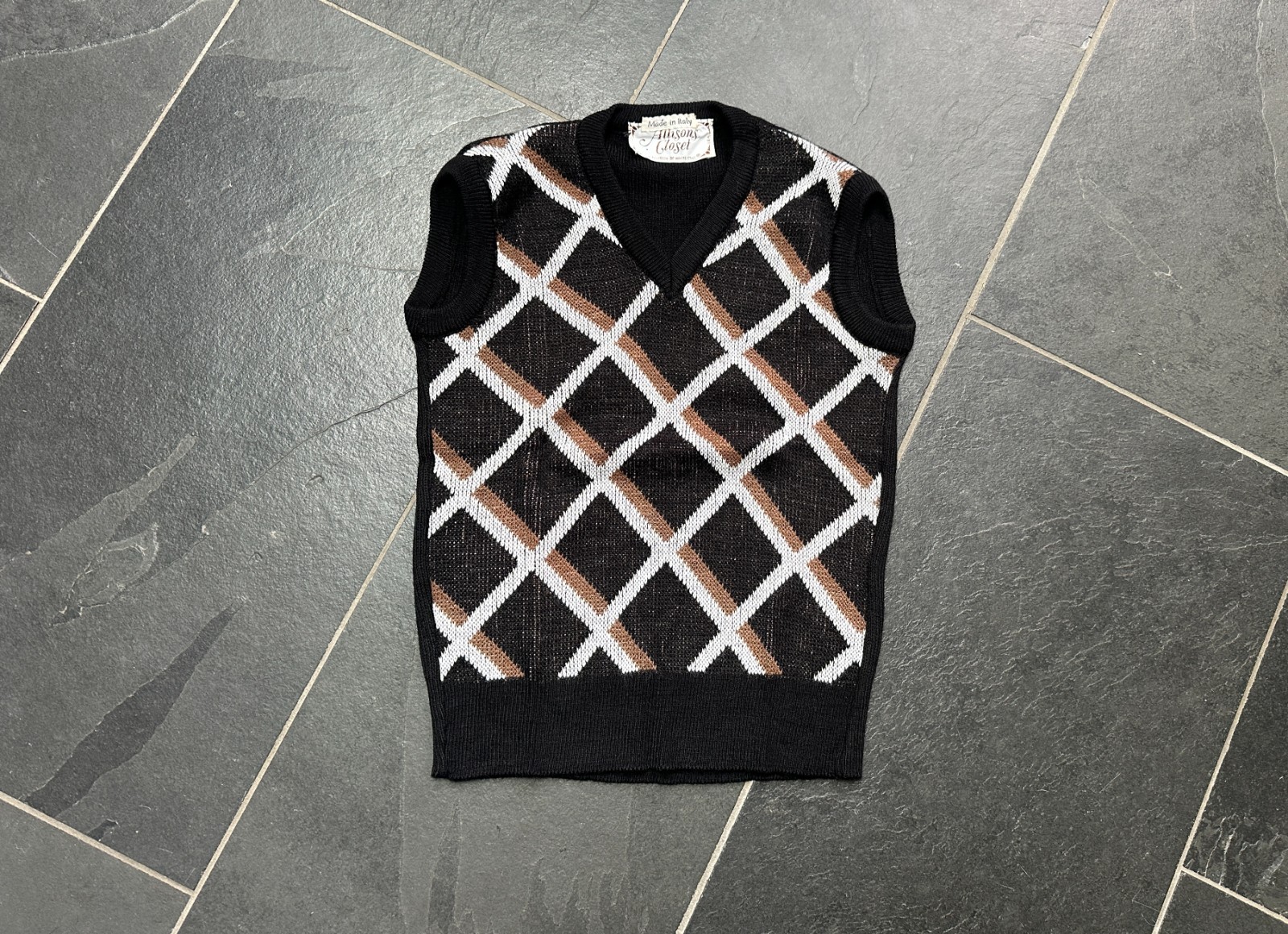 Vintage 1970s Black Brown White Diamond V Neck Sweater Vest Allison’s Closet